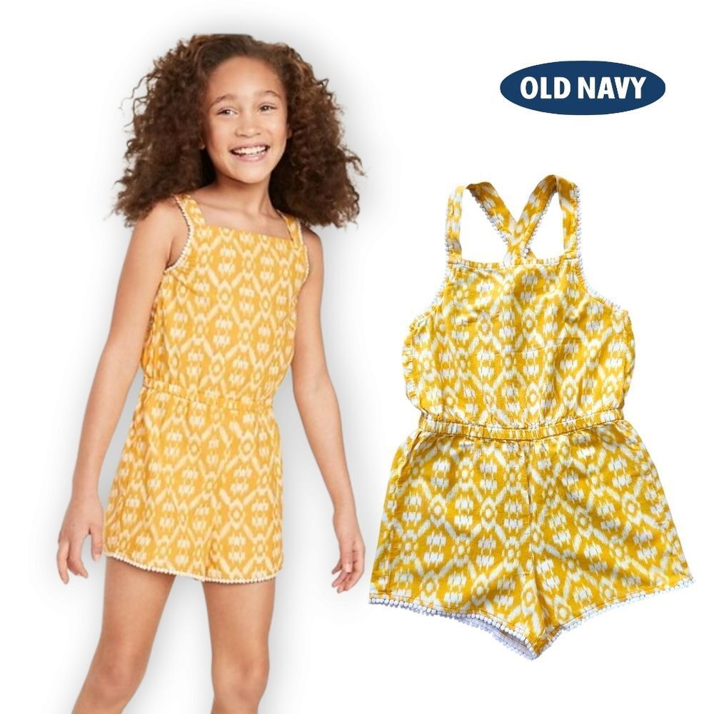 Old Navy Girls Pom-Pom Trim Yellow Cross-Back Strap Romper Sleeveless Size M (8)